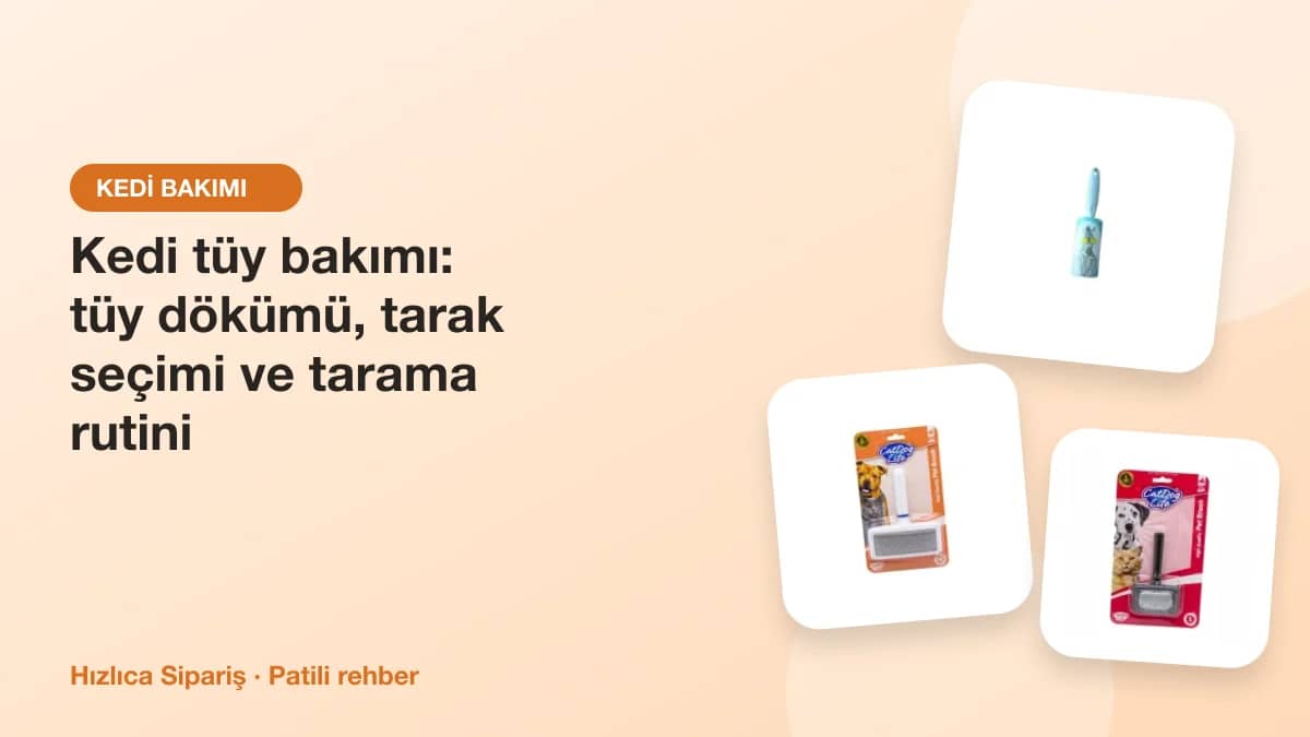 Kedi tüy tarakları, ince telli fırçalar, kıtık açıcı tarak ve tüy toplama rulosundan oluşan ürün kolajı